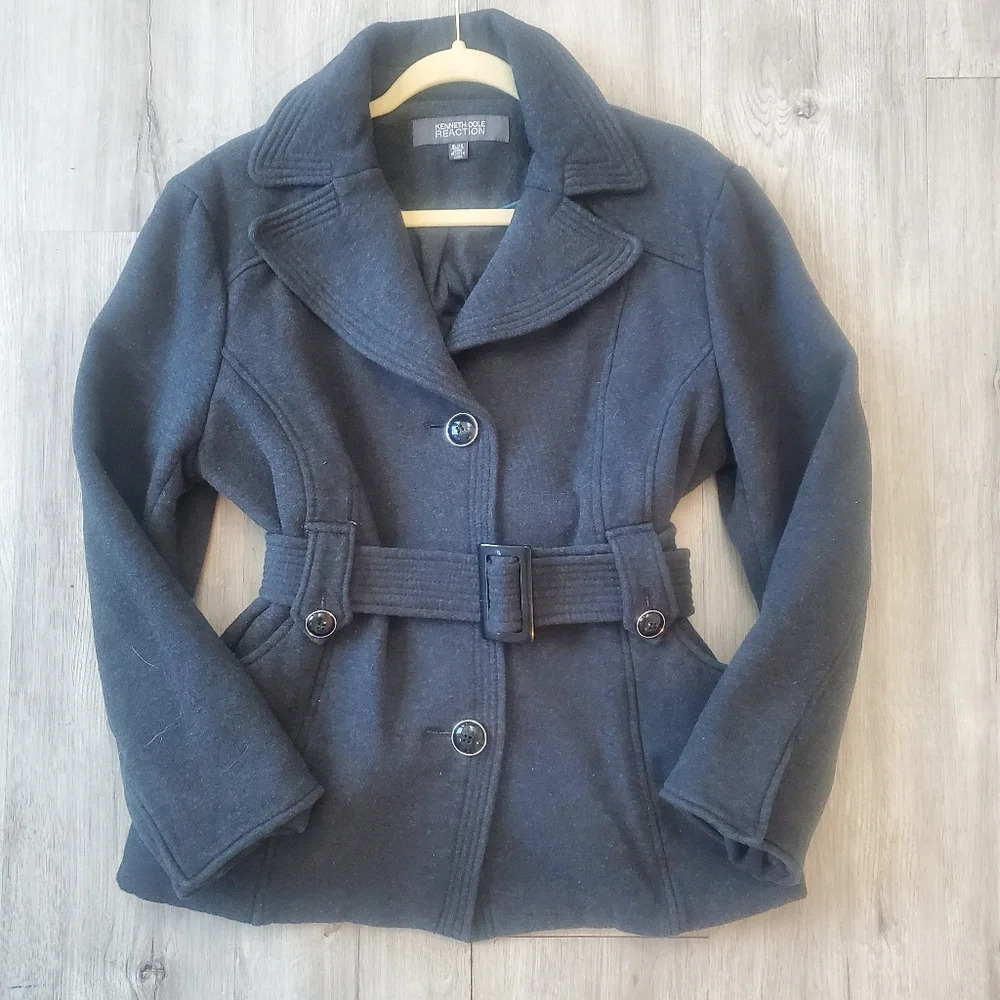 Kenneth Cole Reaction Black Pea Coat with Notched Lapel and Belted Waist